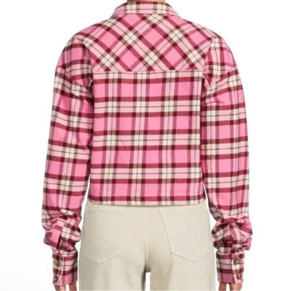 GOOD AMERICAN Pink Plaid cropped button down shirt M NWOT - Picture 3 of 9